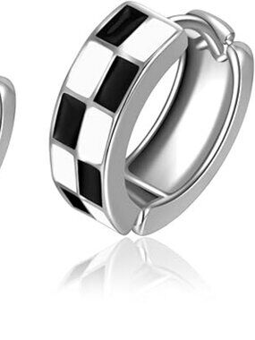 NEW Chic Checker Small Hoop Cartilage Earrings White Black Enamel Silver Trendy